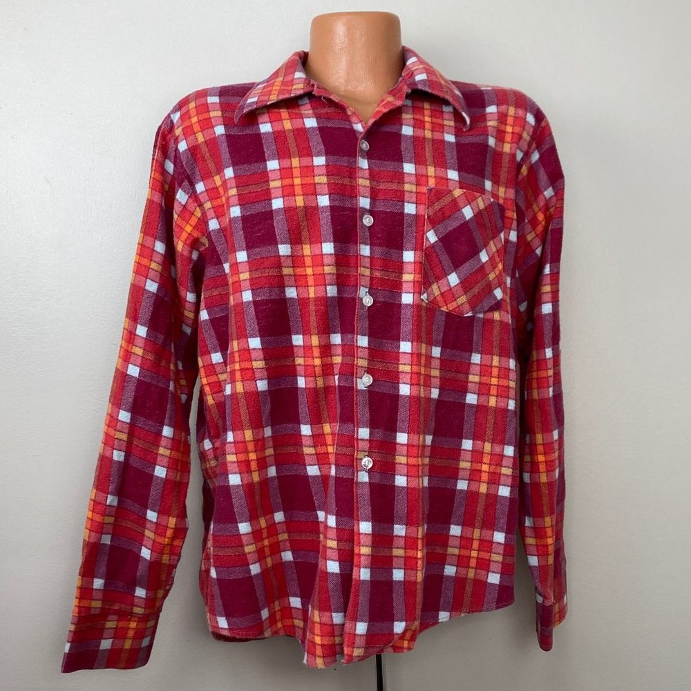 Vintage 1970s Red Plaid Flannel Shirt, Size Large, Printed Cotton, Distressed